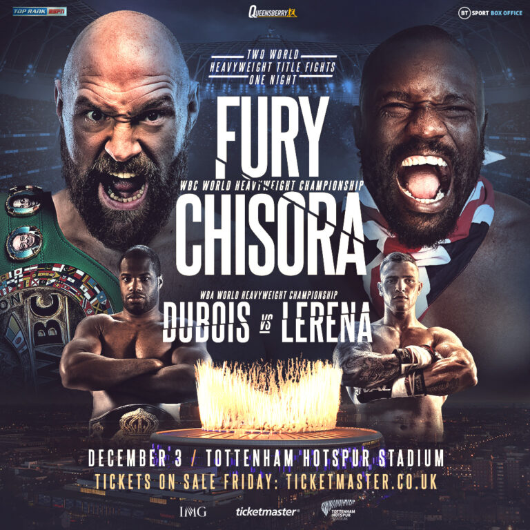 DECEMBER 3: TYSON FURY TO DEFEND CROWN AGAINST DEREK CHISORA AT TOTTENHAM HOTSPUR STADIUM