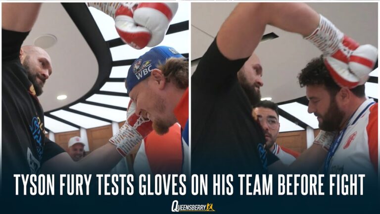 OUCH 🤕 Tyson Fury tests his gloves on his brothers and team moments before Dillian Whyte fight