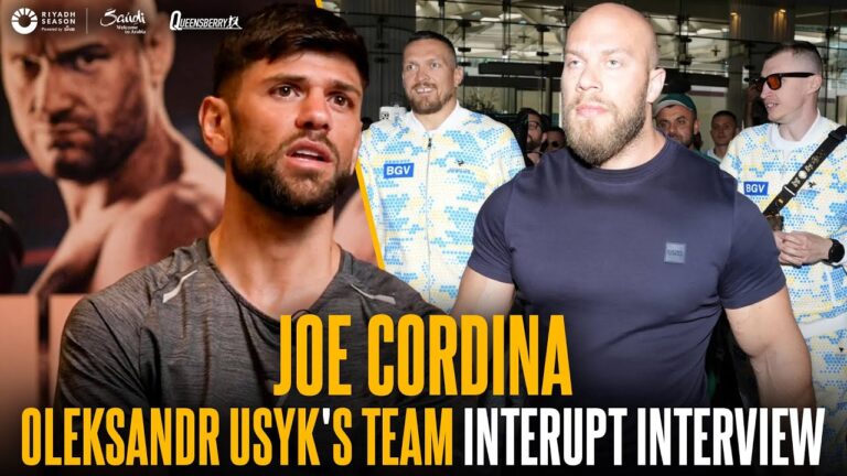 Oleksandr Usyk's team LOUDLY chant during Joe Cordina interview & he still picks Tyson Fury to WIN 😅
