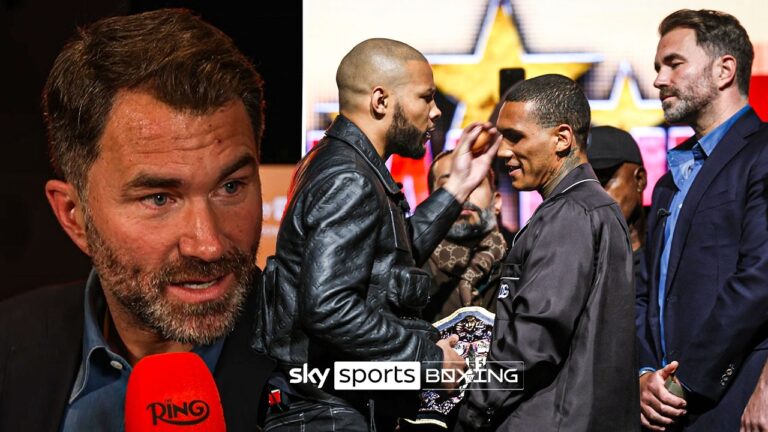 Eddie Hearn reacts to Chris Eubank Jr slapping Conor Benn with an egg