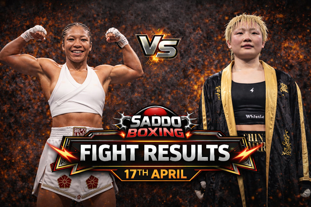 Alycia Baumgardner celebrates victory over Bo Mi Re Shin in fight results graphic 17th April Saddo Boxing