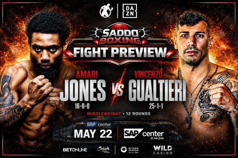 Amari Jones and Vincenzo Gualtieri face off on a fiery Saddo Boxing fight preview graphic ahead of their May 22 middleweight clash in San Jose.