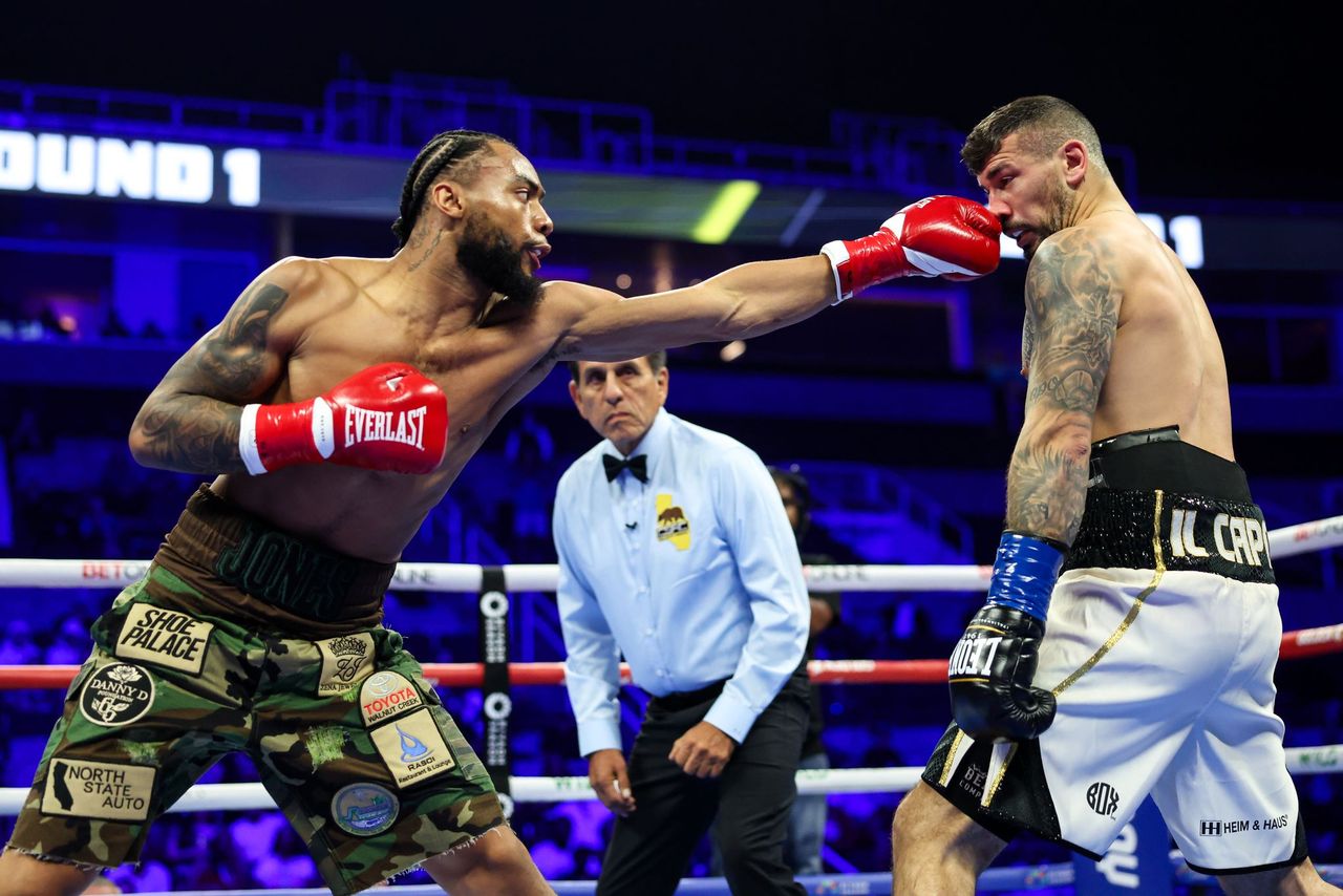 Amari Jones lands a sharp jab on Vincenzo Gualtieri during their middleweight clash at the SAP Center in San Jose.
