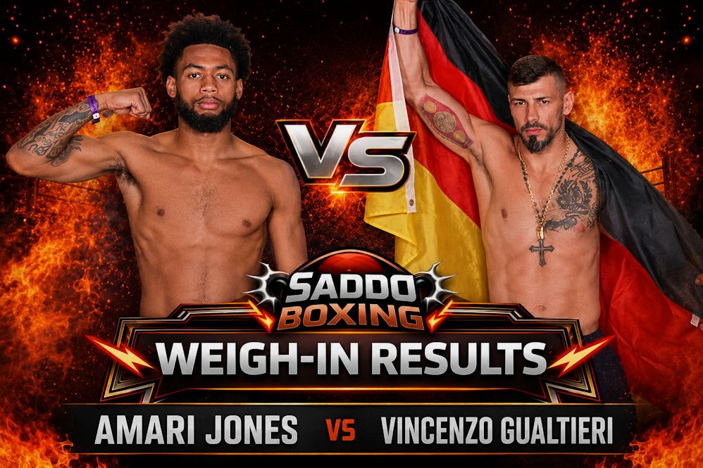 Amari Jones and Vincenzo Gualtieri featured on a fiery Saddo Boxing weigh-in results graphic ahead of their IBF middleweight eliminator in San Jose.