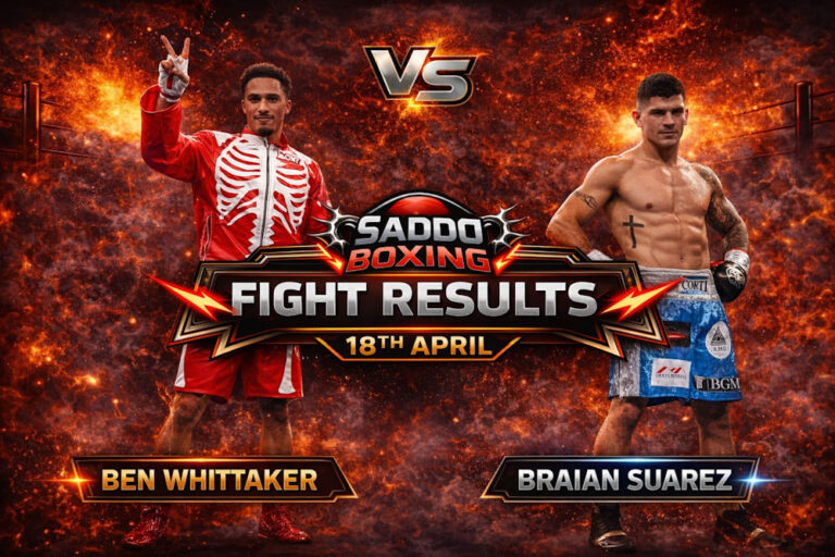 Ben Whittaker vs Braian Suarez fight results graphic showing Whittaker victory on 18th April with fiery background