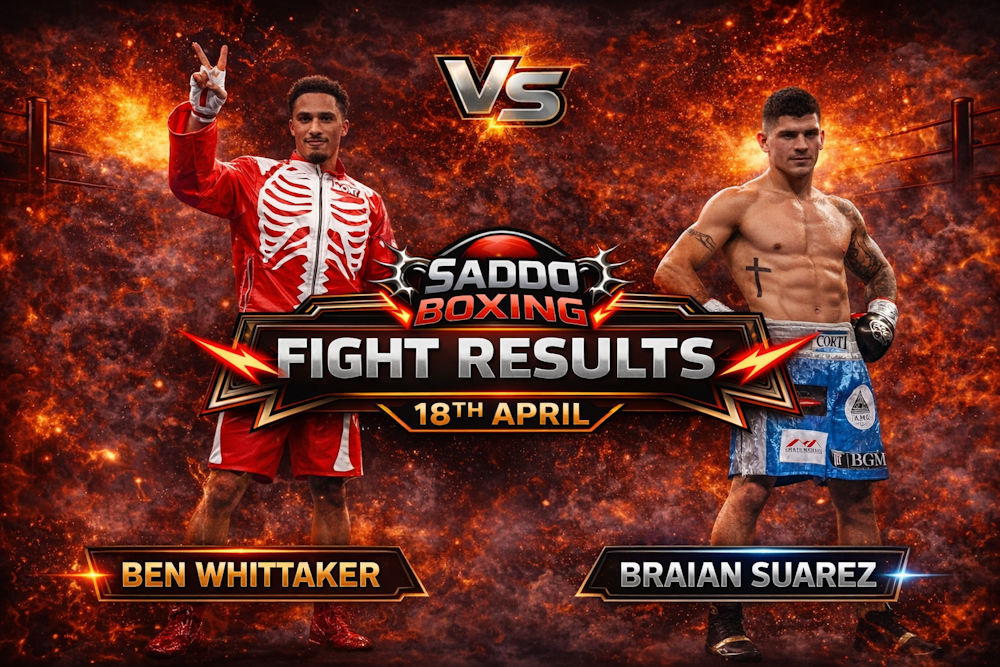 Ben Whittaker vs Braian Suarez fight results graphic showing Whittaker victory on 18th April with fiery background