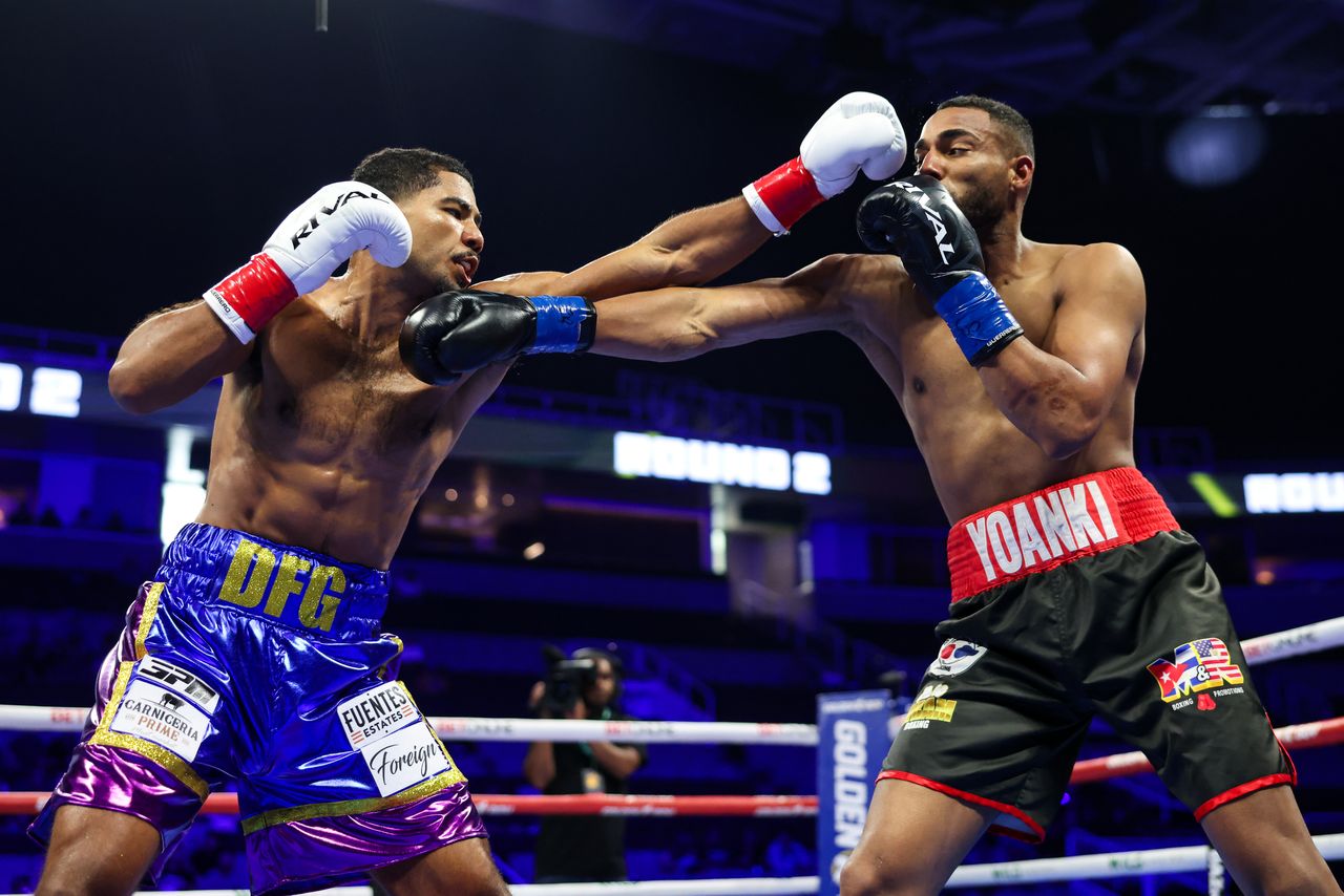 Darius Fulghum throws a right hand at Yoanki Urrutia during their super middleweight fight in San Jose.