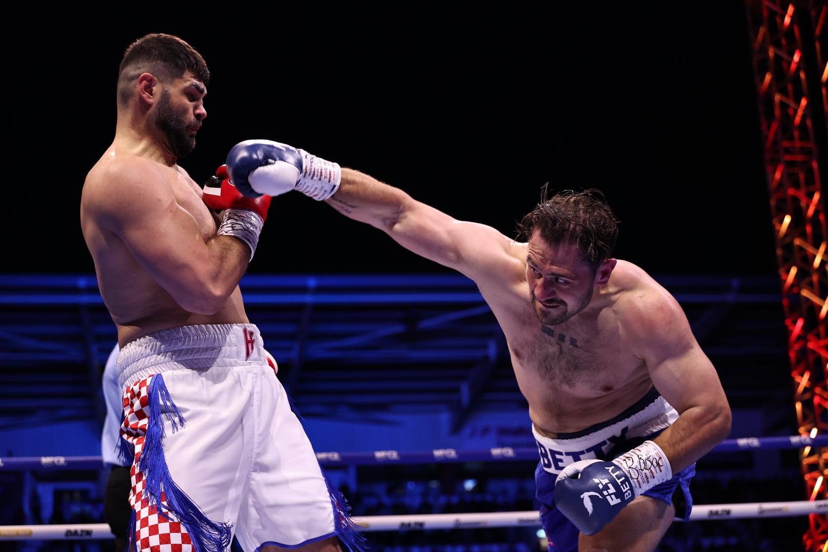 Filip Hrgovic slipping a shot from Dave Allen during their heavyweight fight in Doncaster on the Queensberry Promotions card.