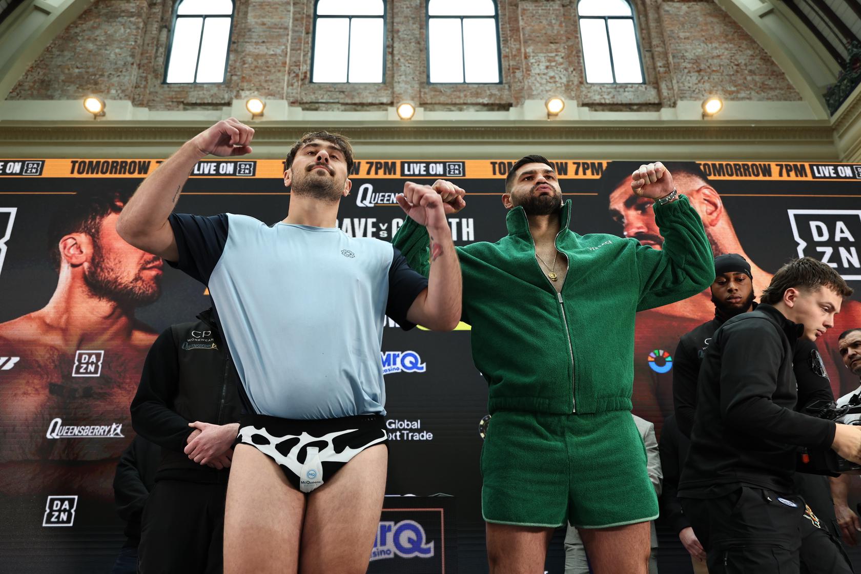 David Allen and Filip Hrgovic posing during the official weigh-in ahead of their heavyweight fight in Doncaster.