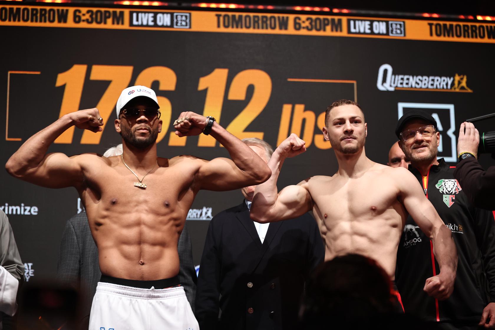 David Morrell and Zak Chelli pose after weighing in ahead of their light heavyweight clash