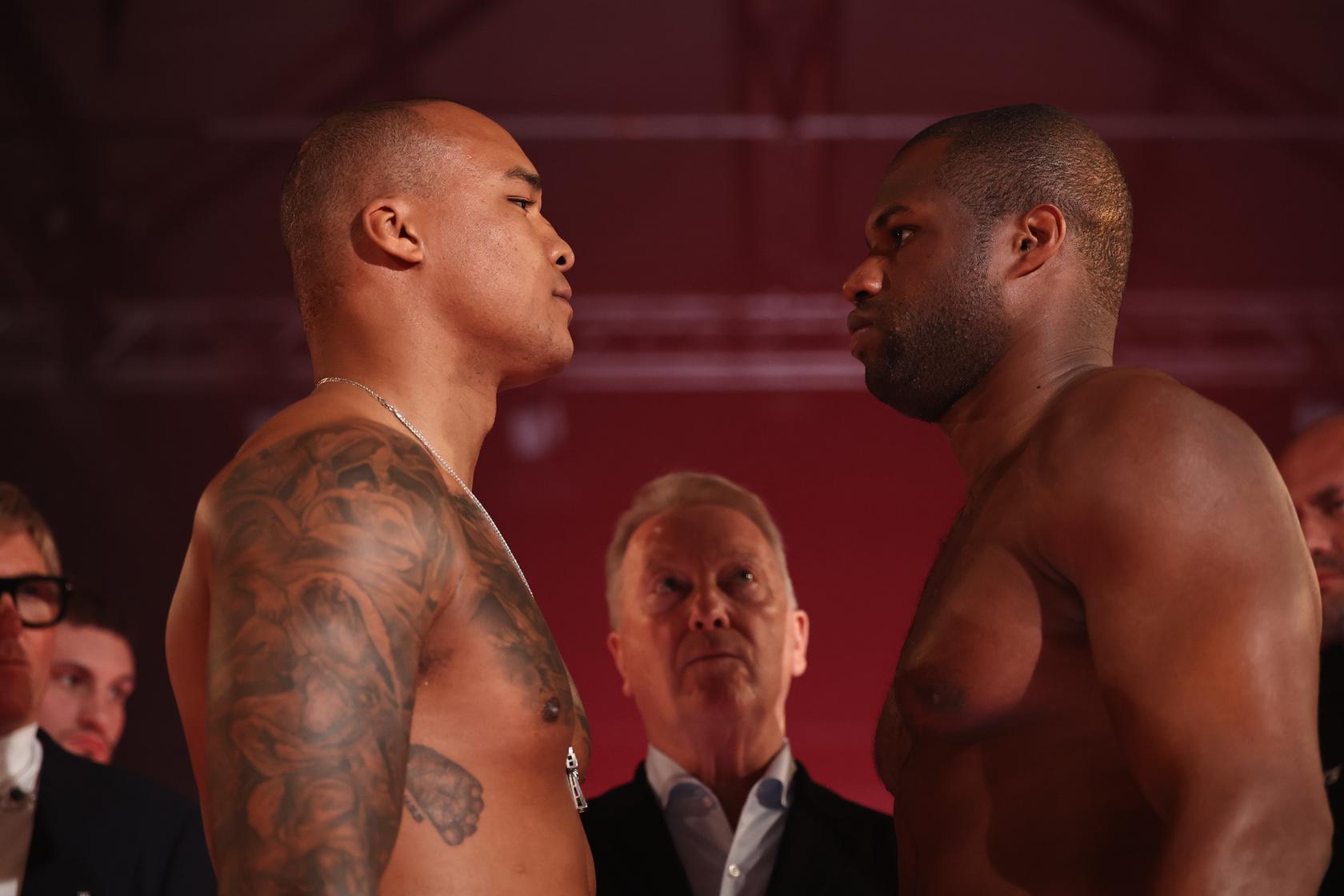 Fabio Wardley and Daniel Dubois face off during the official weigh-in ahead of their WBO World Heavyweight title fight in Manchester