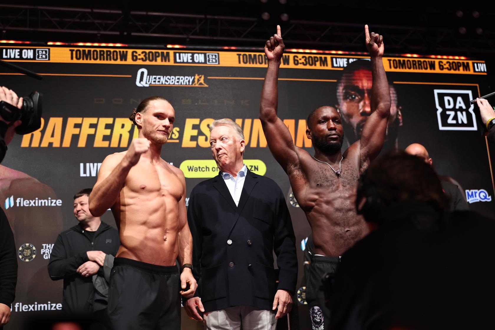 ack Rafferty and Ekow Essuman pose on the scales ahead of their welterweight clash in Manchester