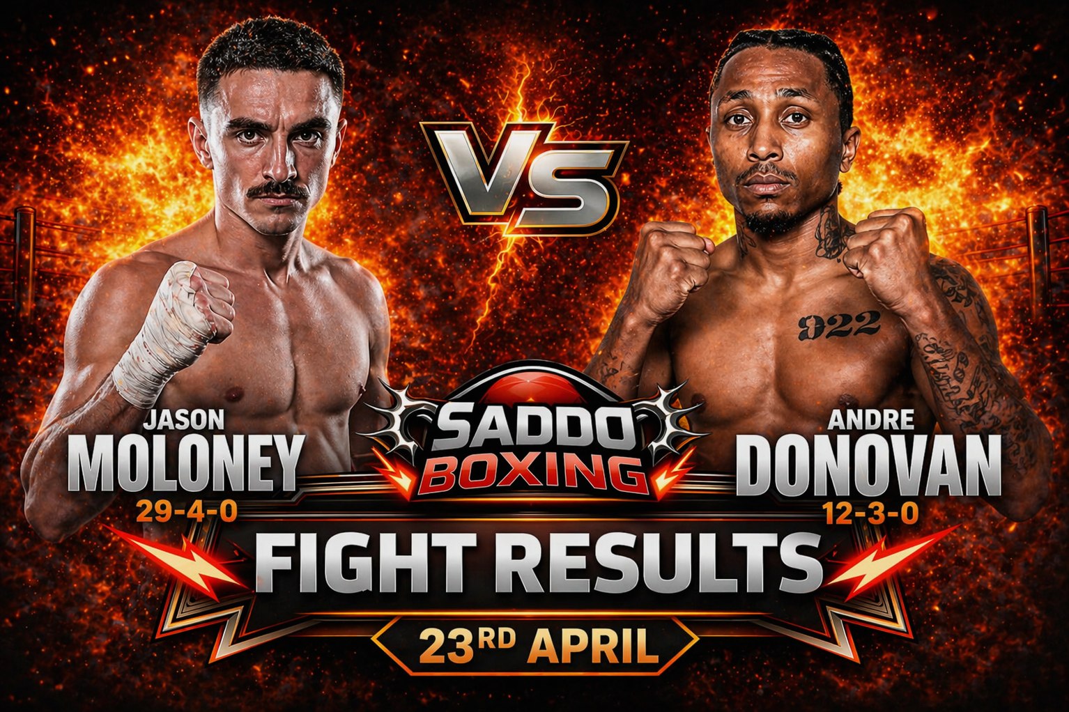 Jason Moloney and Andre Donovan on a Saddo Boxing fight results poster for their 23rd April bout