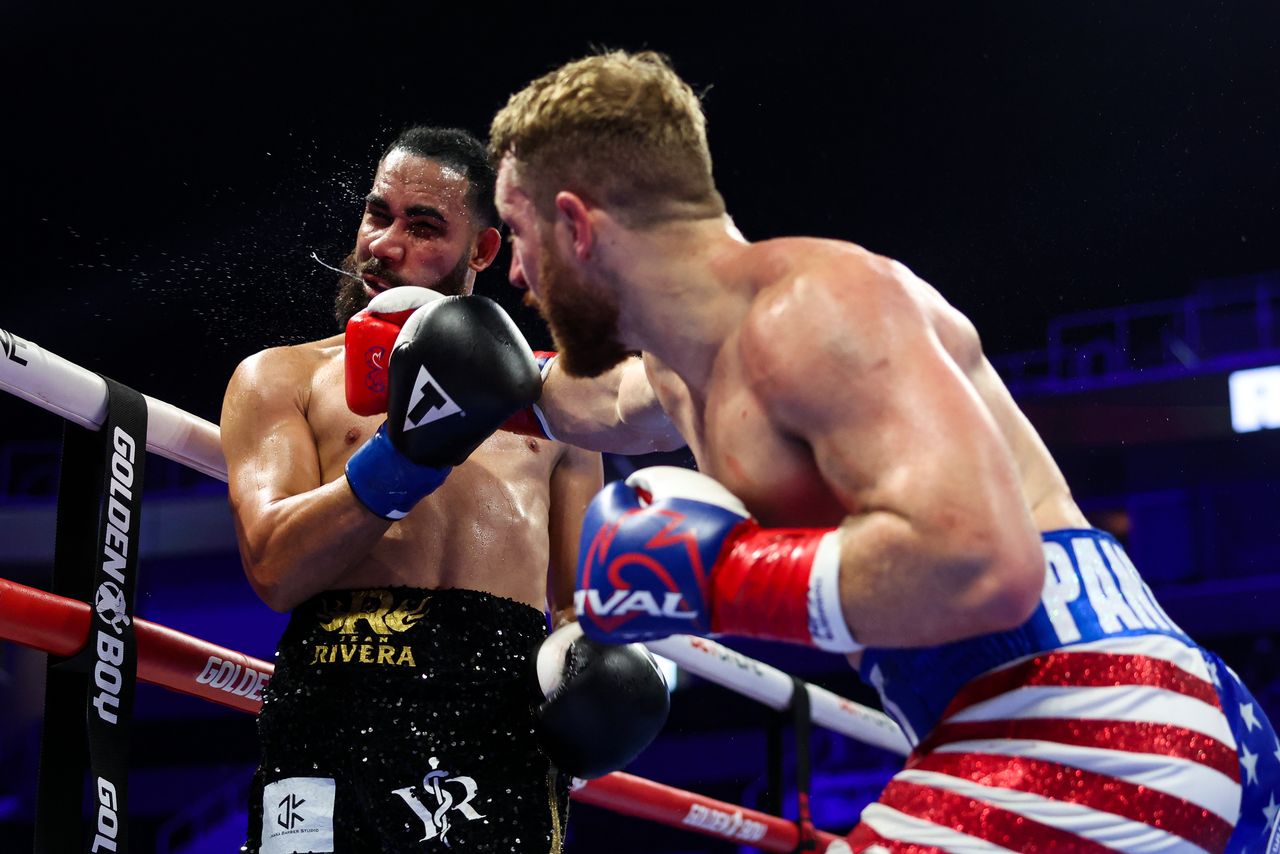 Jordan Panthen lands a hard shot on Jean Rivera-Pacheco during their middleweight bout in San Jose.