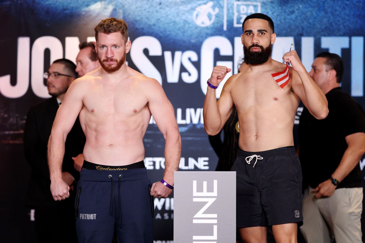 Jordan Panthen and Jean Rivera-Pacheco stare each other down during the official weigh-in in San Jose.