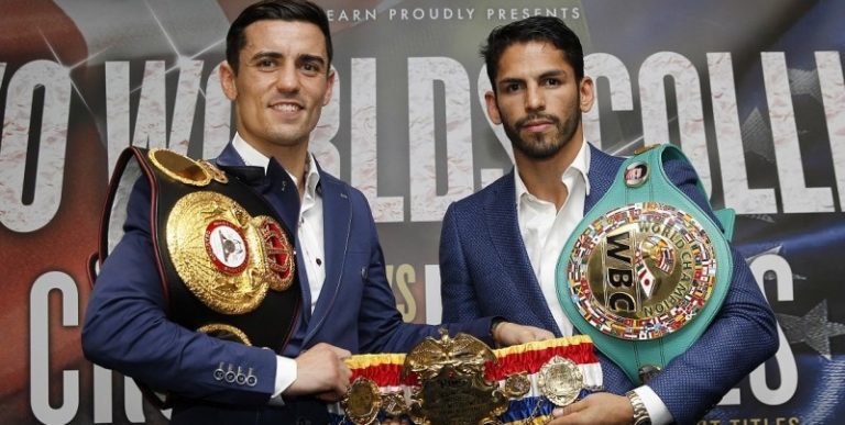 Jorge Linares and Anthony Crolla pose at the Press Conference
