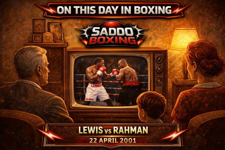 Lennox Lewis and Hasim Rahman fighting in the ring shown on a vintage TV as a family watches, commemorating their April 22, 2001 heavyweight bout