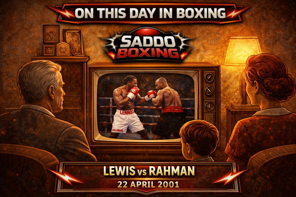 Lennox Lewis and Hasim Rahman fighting in the ring shown on a vintage TV as a family watches, commemorating their April 22, 2001 heavyweight bout