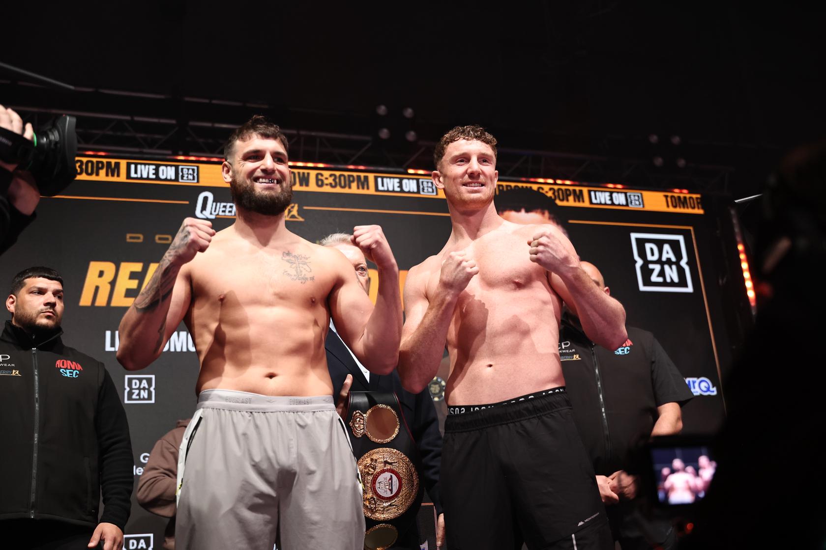 Liam Cameron and Bradley Rea pose after weighing in for their light heavyweight fight in Manchester