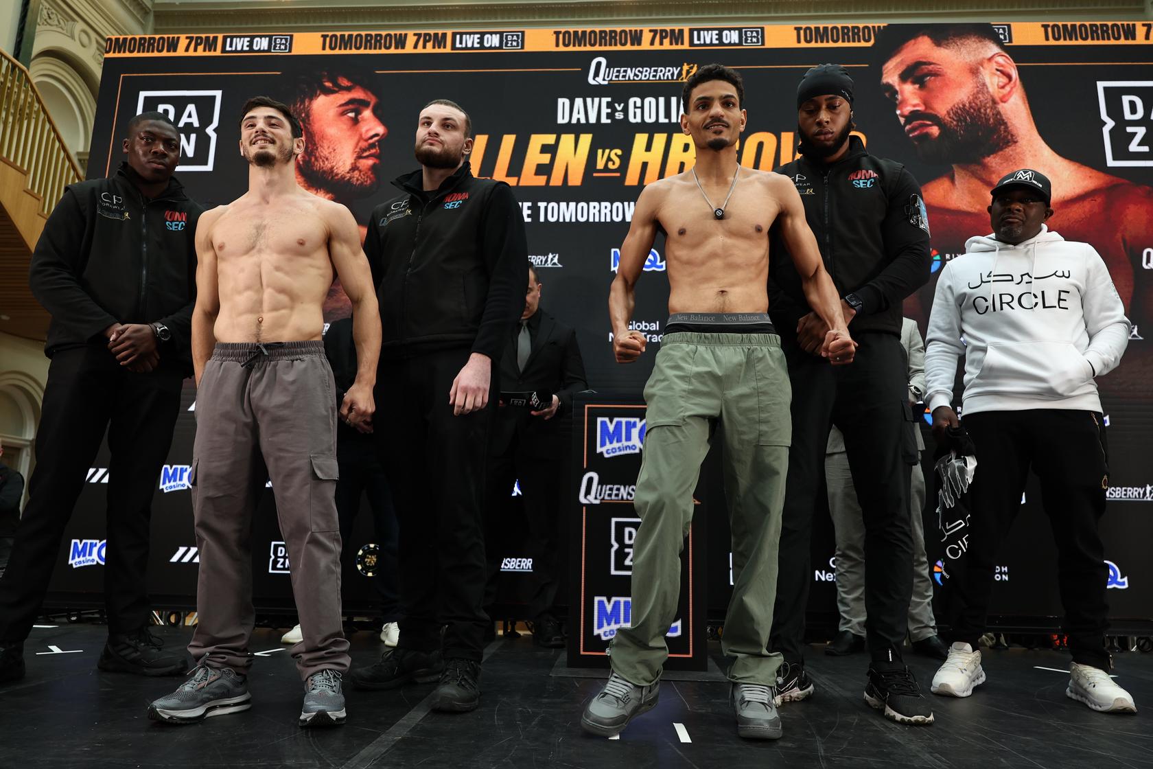 Louie O'Doherty and Ahmed Hatim posing during the weigh-in ahead of their British and Commonwealth lightweight title fight.