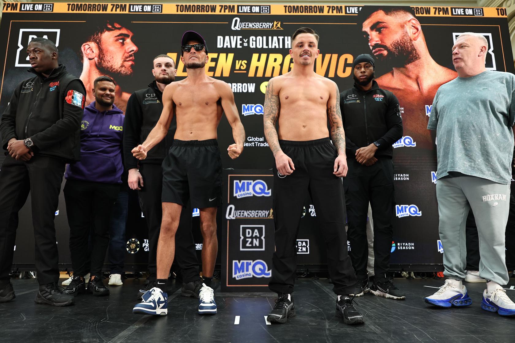 Michael Gomez Jnr and Lee McGregor posing after making weight for their lightweight bout in Doncaster.