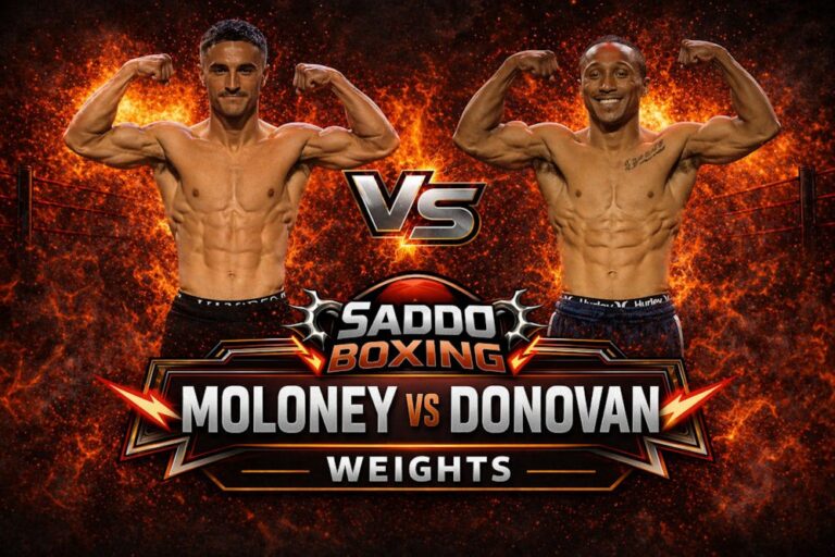 Jason Moloney and Andre Donovan flexing at weigh-in with VS graphic and Moloney vs Donovan weights text