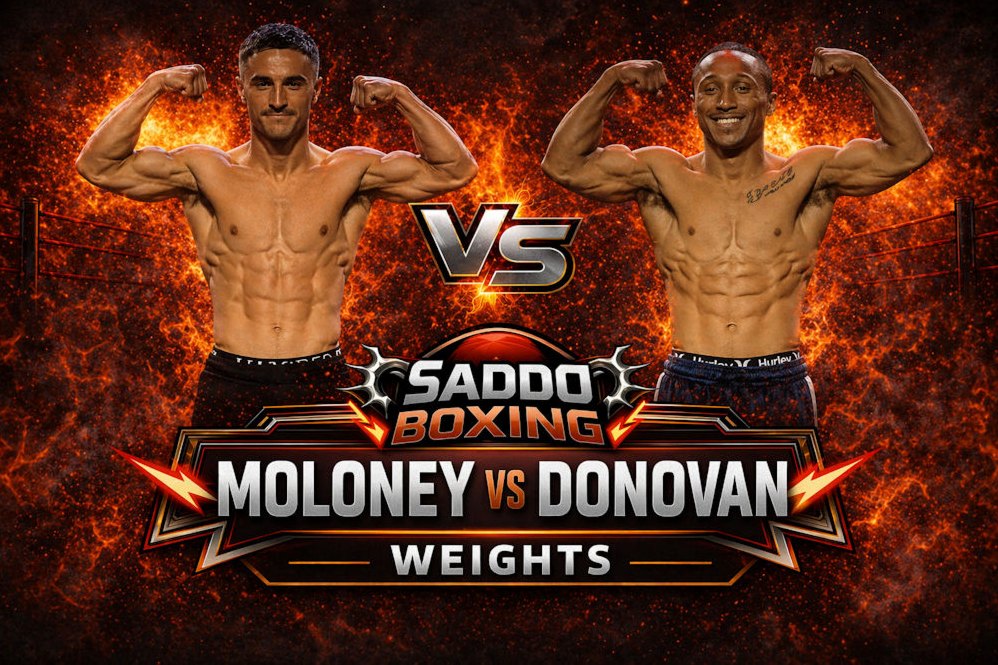 Jason Moloney and Andre Donovan flexing at weigh-in with VS graphic and Moloney vs Donovan weights text