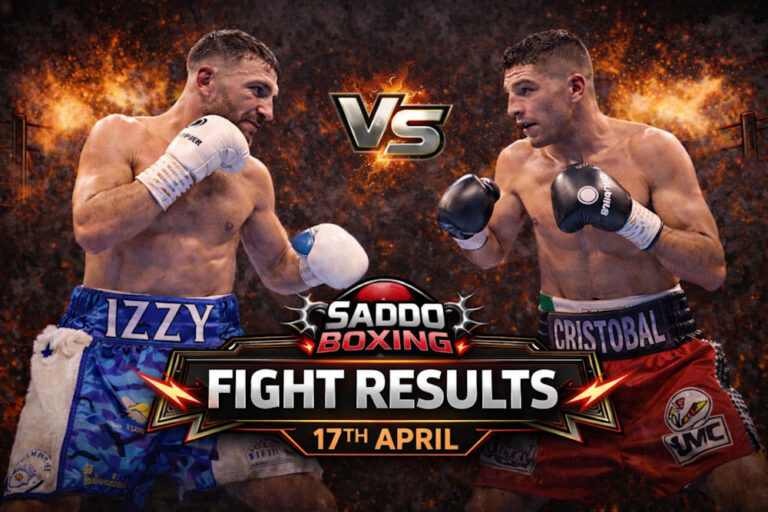 Nathaniel Collins vs Cristobal Lorente II fight results graphic with both boxers facing off and Saddo Boxing branding, 17th April
