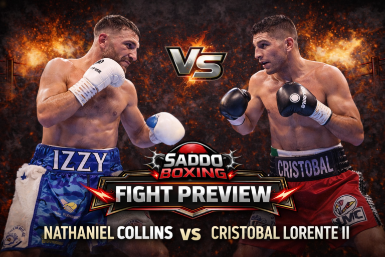 Nathaniel Collins vs Cristobal Lorente II fight preview graphic with both boxers facing off in a fiery arena background