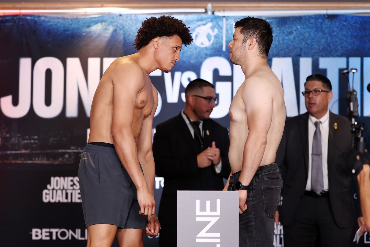 Tristan Kalkreuth and Marco Canedo face off during the official weigh-in ahead of their cruiserweight bout in San Jose.