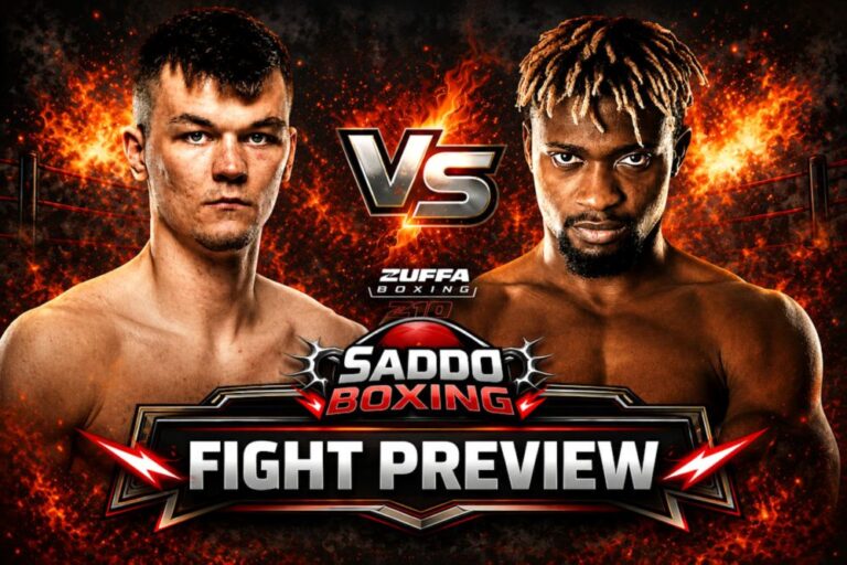 Aaron McKenna and Etinosa Oliha face off in a Saddo Boxing fight preview graphic ahead of their Zuffa Boxing 10 world middleweight championship clash in Dublin.