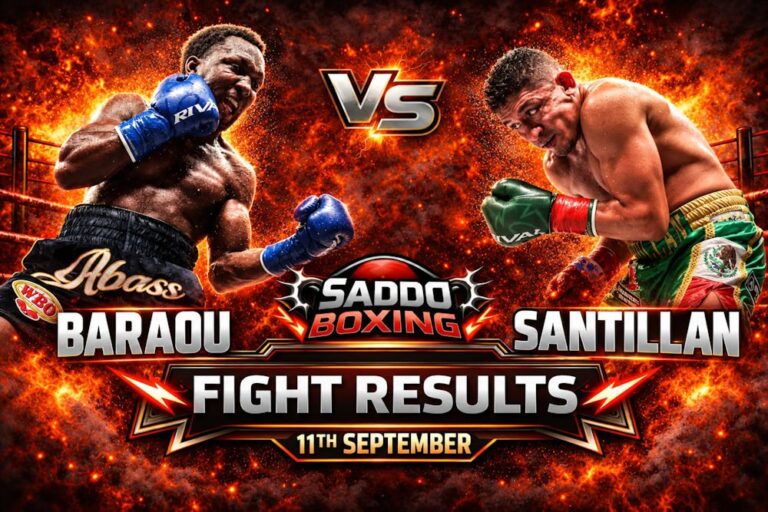 Abass Baraou and Giovani Santillan featured in a Saddo Boxing results graphic for their September 11 fight