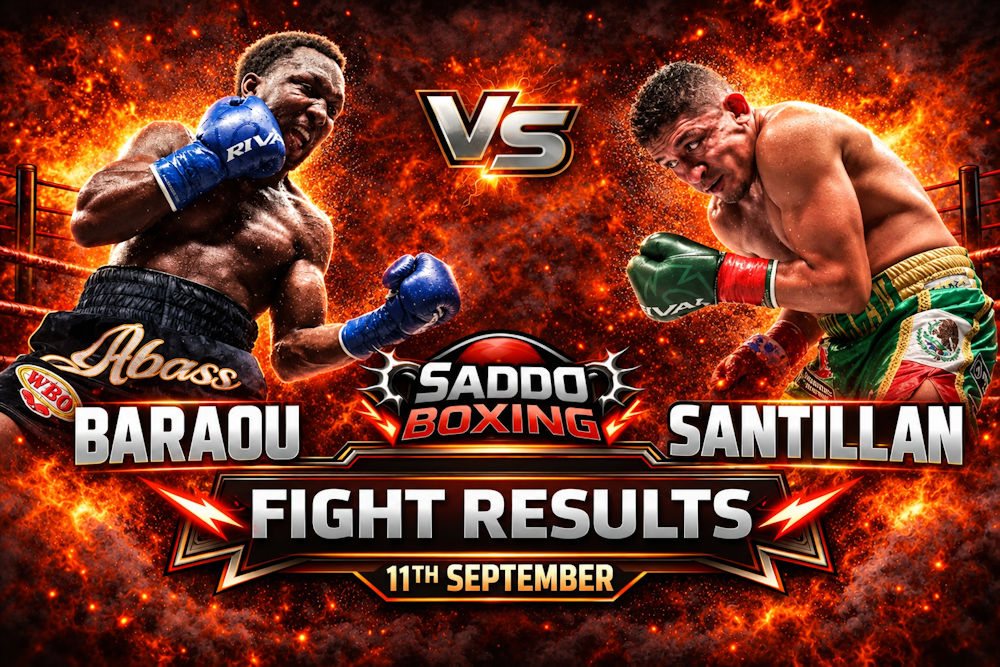 Abass Baraou and Giovani Santillan featured in a Saddo Boxing results graphic for their September 11 fight