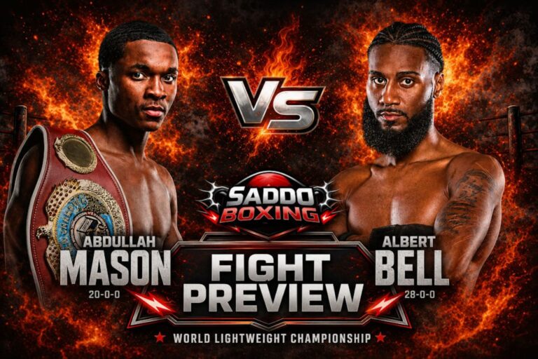 Abdullah Mason and Albert Bell face off in a fiery Saddo Boxing fight preview graphic ahead of their World Lightweight Championship clash.