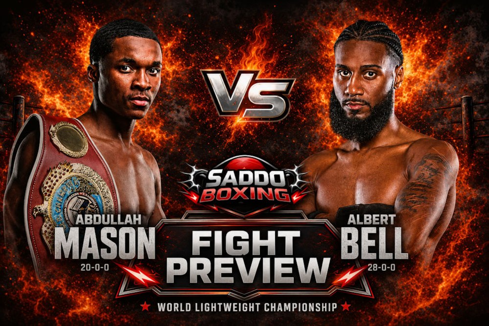 Abdullah Mason and Albert Bell face off in a fiery Saddo Boxing fight preview graphic ahead of their World Lightweight Championship clash.