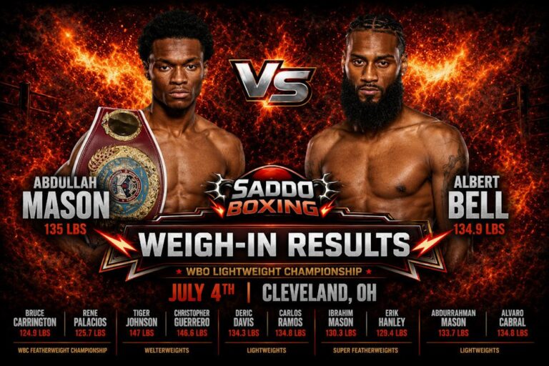 Abdullah Mason and Albert Bell pose after making weight for their WBO World Lightweight Championship fight, featured in a Saddo Boxing weigh-in results graphic.