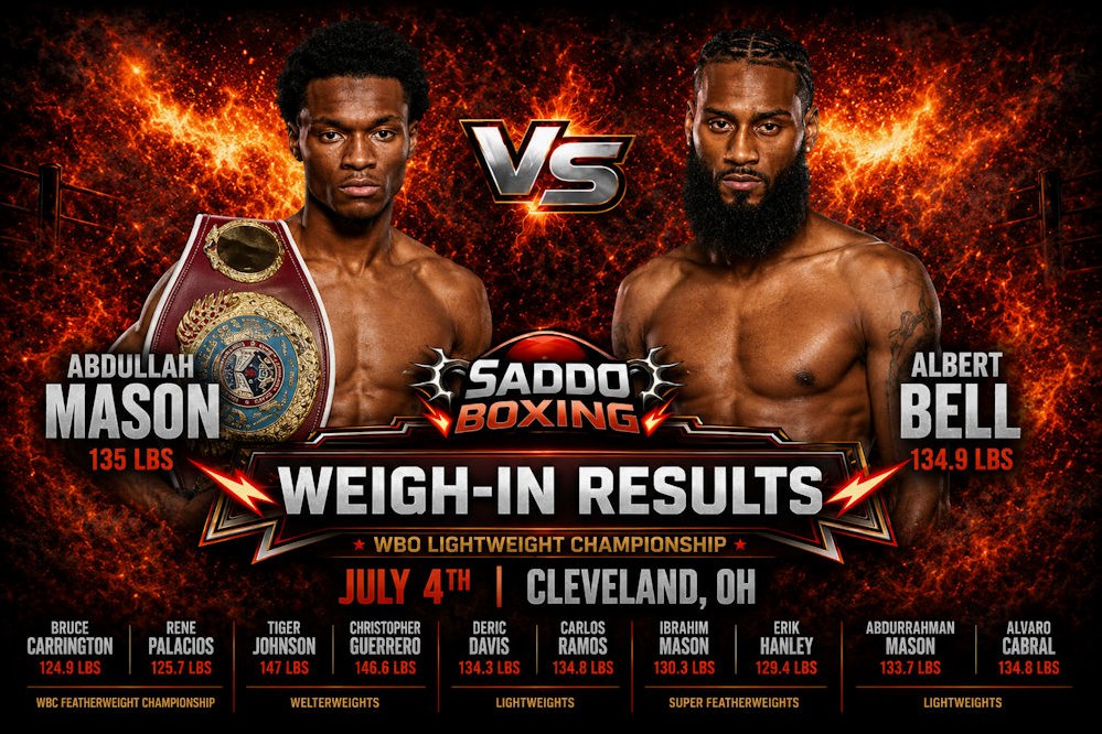 Abdullah Mason and Albert Bell pose after making weight for their WBO World Lightweight Championship fight, featured in a Saddo Boxing weigh-in results graphic.