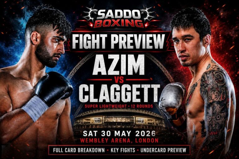 Adam Azim and Steve Claggett face off on a Saddo Boxing fight preview poster for their Wembley Arena super lightweight clash on May 30, 2026.