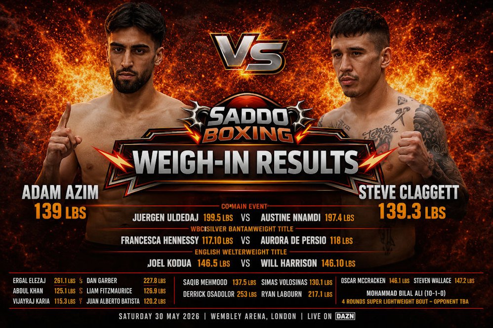 Adam Azim and Steve Claggett on the scales ahead of their Wembley Arena showdown, featured on a Saddo Boxing weigh-in results graphic with full fight card weights.