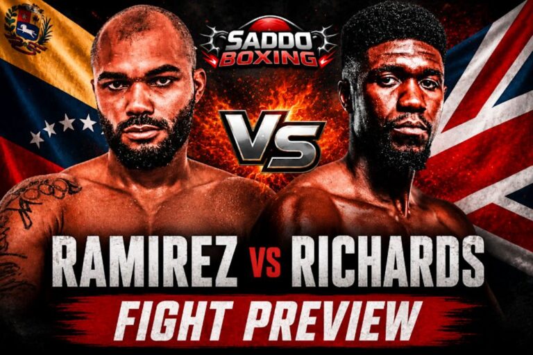 Albert Ramirez and Lerrone Richards face off in a Saddo Boxing fight preview graphic ahead of their June 4 light heavyweight clash in Montreal.