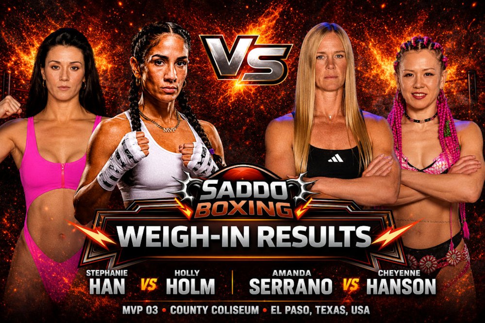 Amanda Serrano, Cheyenne Hanson, Stephanie Han and Holly Holm featured on a Saddo Boxing weigh-in results graphic ahead of the MVP 03 double main event card in El Paso, Texas.