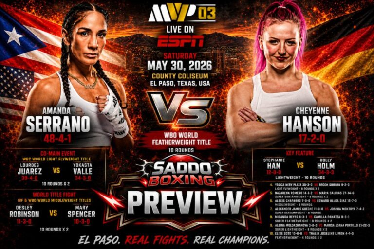 Amanda Serrano and Cheyenne Hanson face off on a fiery Saddo Boxing fight preview poster for their WBO featherweight title fight at MVP 03 in El Paso, Texas.