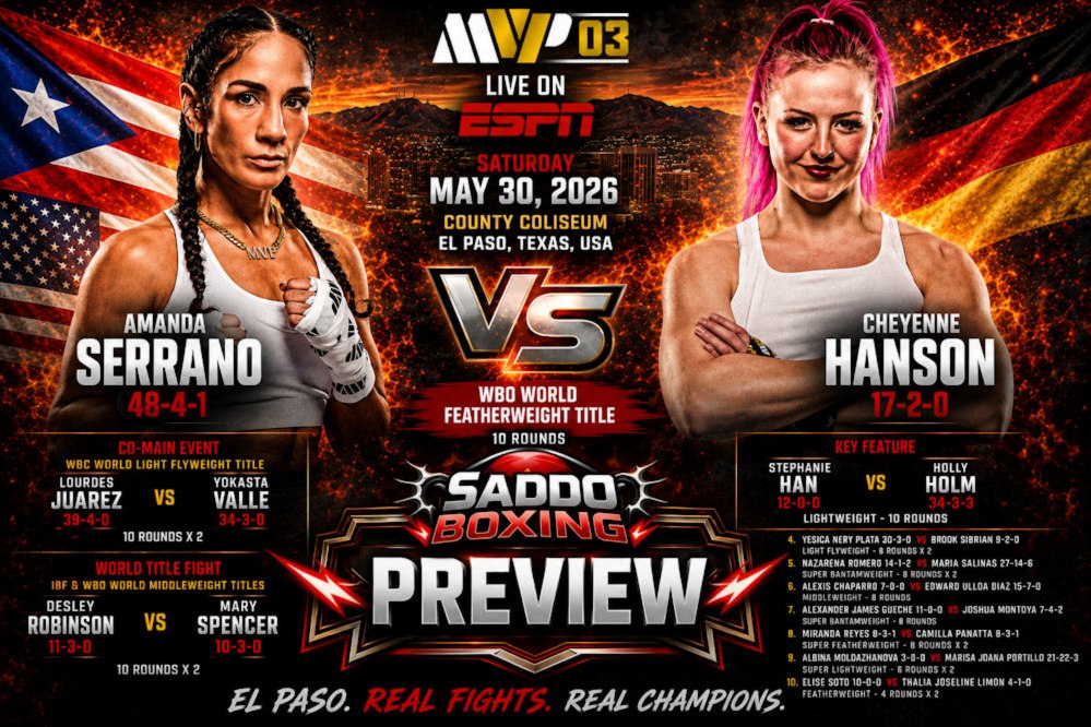 Amanda Serrano and Cheyenne Hanson face off on a fiery Saddo Boxing fight preview poster for their WBO featherweight title fight at MVP 03 in El Paso, Texas.