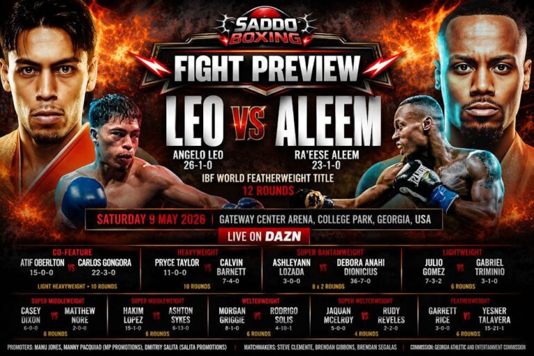 Angelo Leo and Ra’eese Aleem promotional fight preview image for their IBF featherweight world title fight in College Park, Georgia on DAZN