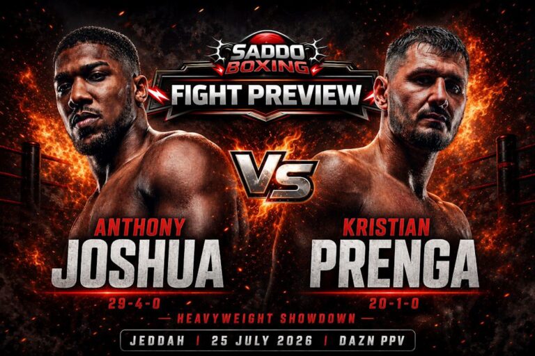 Anthony Joshua and Kristian Prenga promotional fight preview graphic ahead of their heavyweight clash in Jeddah on 25 July 2026.