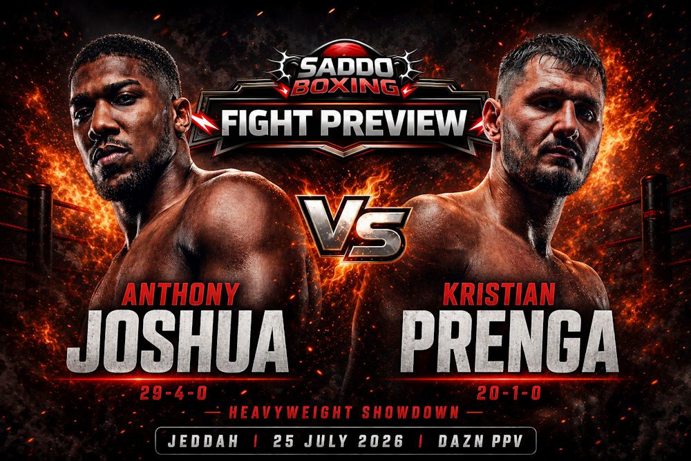 Anthony Joshua and Kristian Prenga promotional fight preview graphic ahead of their heavyweight clash in Jeddah on 25 July 2026.