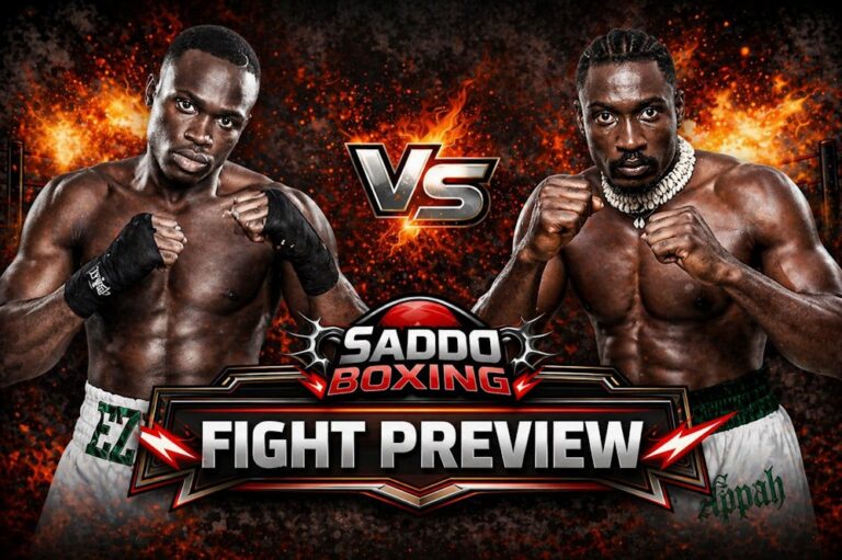Eworitse Ezra Arenyeka vs Godday Appah fight preview image with both boxers in fighting stance for Chaos in the Ring Lagos event