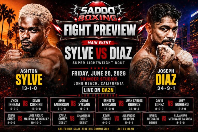 Saddo Boxing fight preview image featuring Ashton Sylve and Joseph Diaz ahead of their super lightweight main event in Long Beach, California.