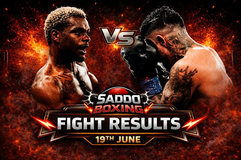 Saddo Boxing fight results graphic featuring Ashton Sylve and Joseph Diaz from their June 19 bout in Long Beach, California.