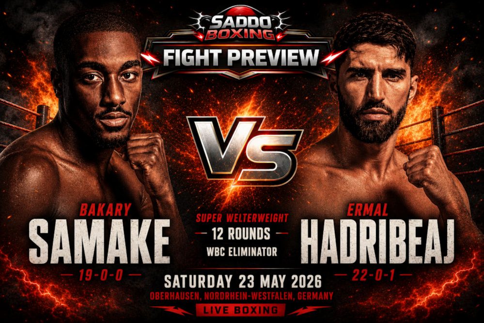 Bakary Samake and Ermal Hadribeaj face off on a fiery Saddo Boxing fight preview poster ahead of their super welterweight clash in Oberhausen, Germany.